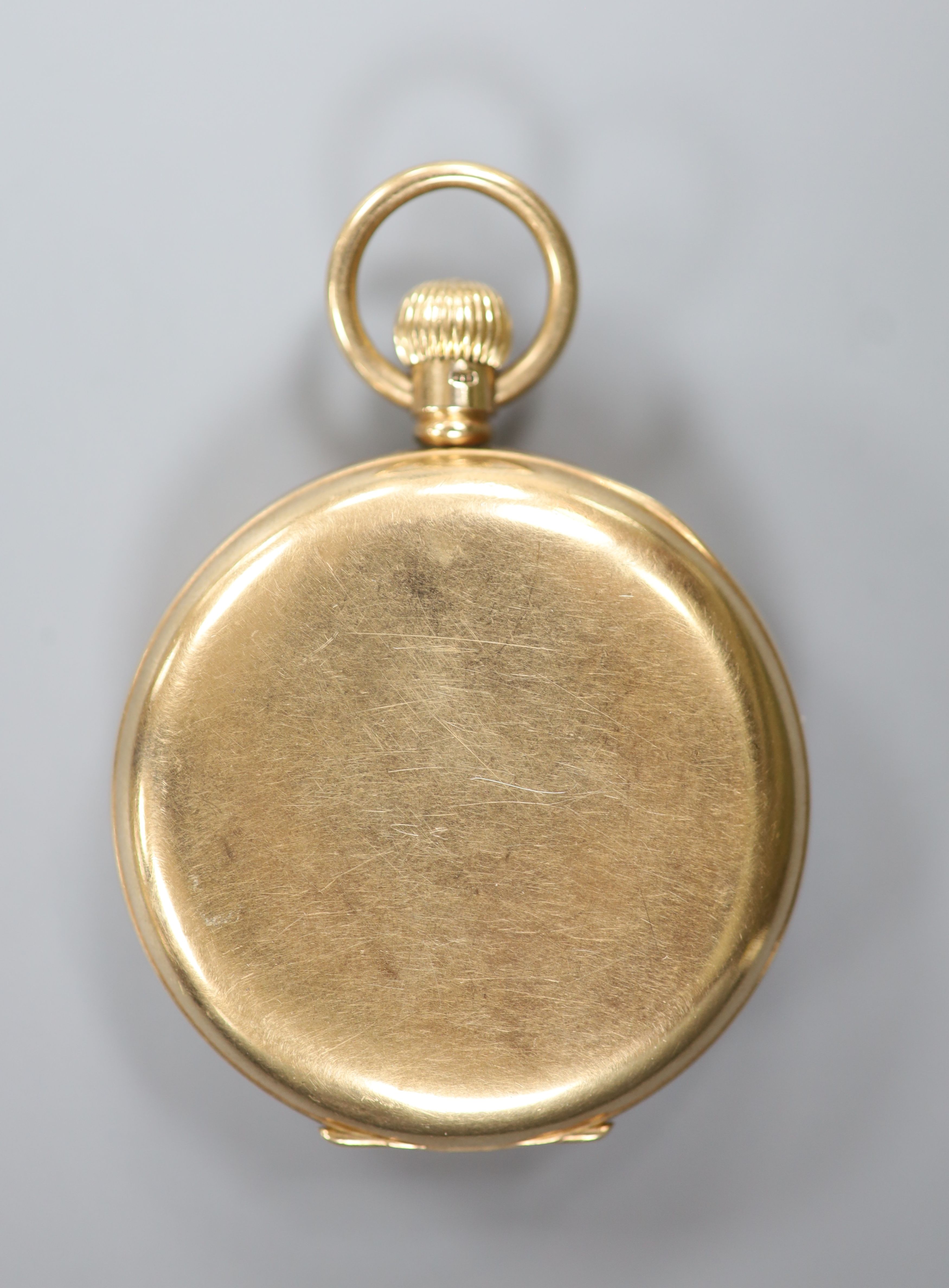 A 1920's 9ct gold open face keyless pocket watch